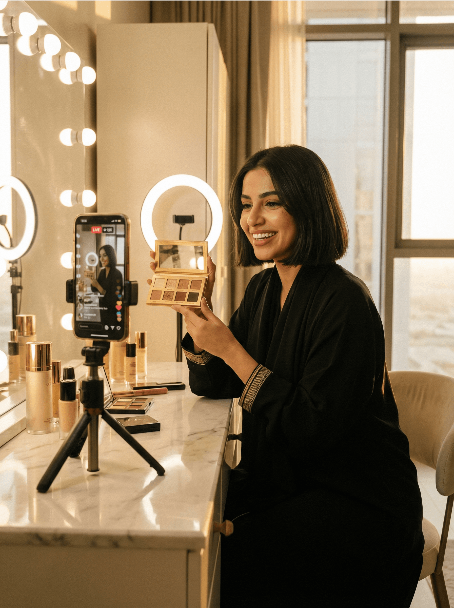 Middle Eastern woman in black abaya live selling a luxury eyeshadow palette with phone on tripod showing LIVE and 19K viewers